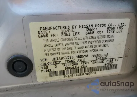 2005 Nissan Sentra Se-R Spec V из США, поврежденный, VIN 3N1AB51D25L480598